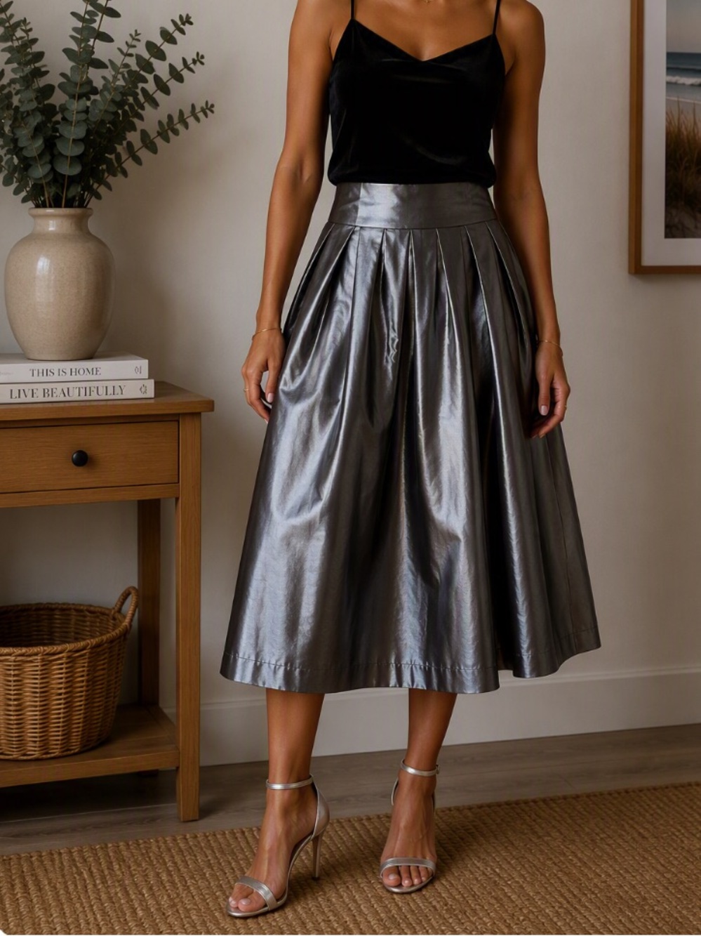 Pewter Pleated Taffeta A-Line Midi Skirt
